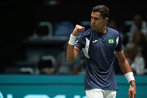 Davis Cup Tennis, Italy vs Brazil: Thiago Monteiro, of Brazil, gestures during match against Matteo Arnaldi